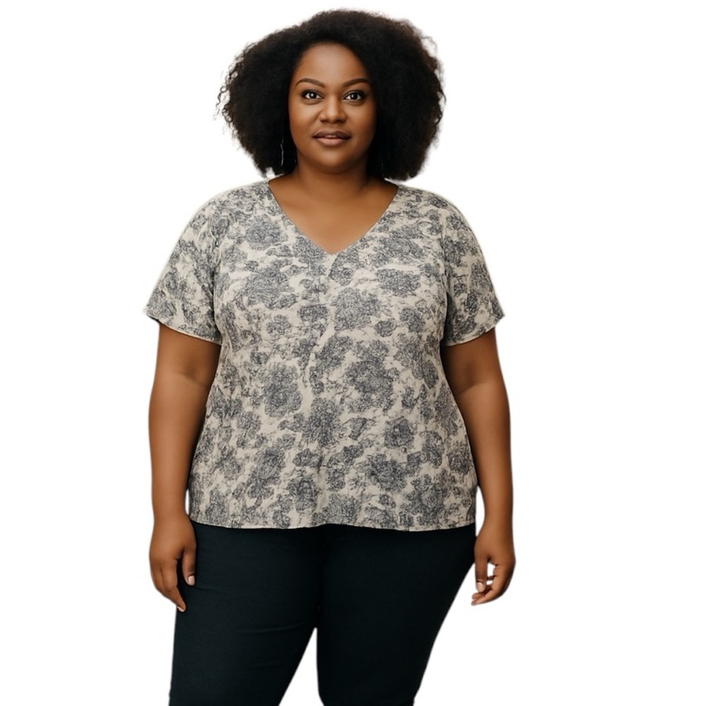 RACHEL ZOE LINEN WHITE BLACK FLORAL VNECK SHORT SLEEVE TEE TOP 3X Plus size